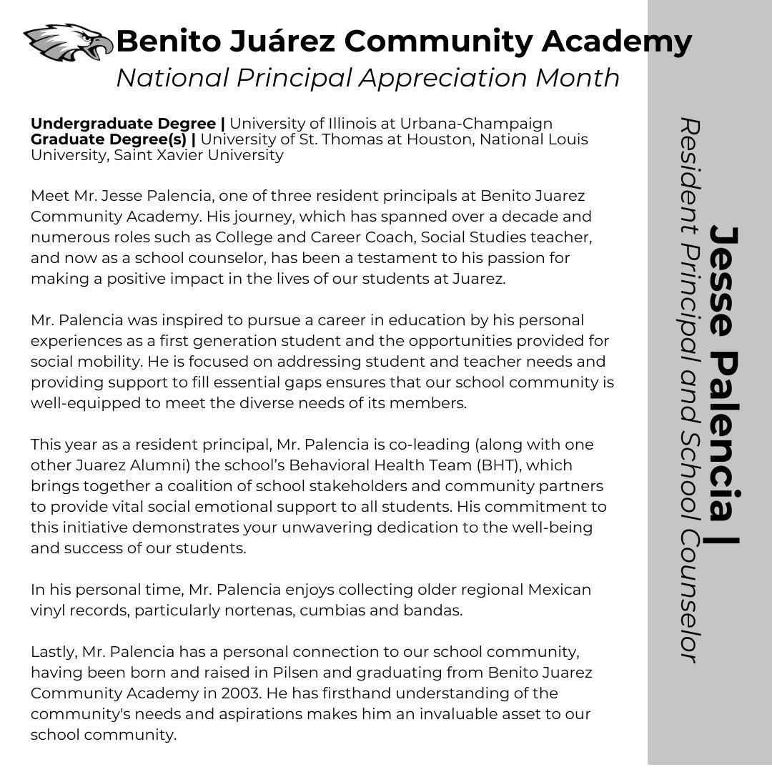 📣 This year, we are taking October to express our appreciation for our School Leadership Team for their dedication to Benito Juarez Community Academy.  🦅
Thank you Mr. Palencia for your contributions to our school community!
#ThankAPrincipal #PrincipalPrideChi