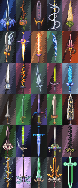 A little late, but I ended up finishing  #swordtember2024 
It was a lot of fun, pretty happy with most of them. Should've perhaps gone with a slightly taller canvas, some of the blades felt a bit squished. #pixelart