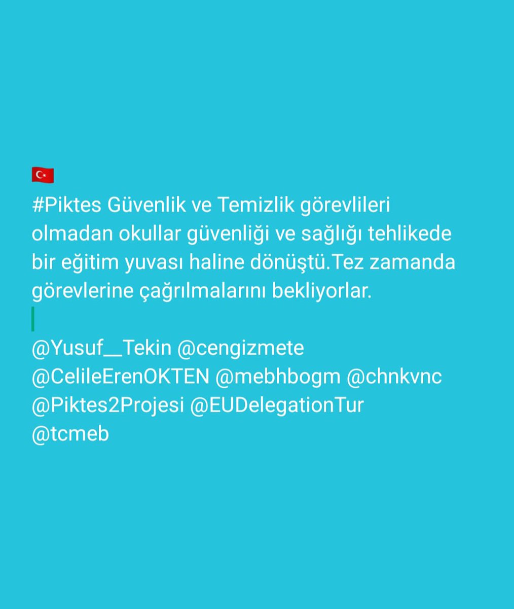 #PİKTES güvenlik ve temizlik çalışanları okulun hijyen ve güvenliğini sağlıyorken çalışanlar,çocuklar,idareciler, veliler mağdur bırakılıyor. 
<a href="/Yusuf__Tekin/">Yusuf Tekin</a> <a href="/cengizmete/">Cengiz Mete</a> <a href="/CelileErenOKTEN/">Celile Eren ÖKTEN</a> <a href="/mebhbogm/">MEB Hayat Boyu Öğrenme Genel Müdürlüğü</a> <a href="/chnkvnc/">Cihan KIVANÇ</a> @Piktes2Projesi <a href="/EUDelegationTur/">AB Türkiye Delegasyonu🇪🇺EU Delegation to Türkiye</a>
<a href="/tcmeb/">Millî Eğitim Bakanlığı</a>