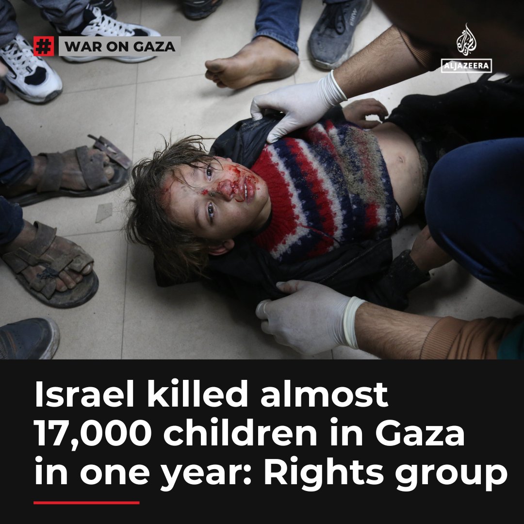 AJEnglish's tweet photo. Israeli forces have killed nearly 17,000 Palestinian children in the besieged Gaza Strip since October 7 of last year, according to Defense for Children International-Palestine.

🔴 LIVE updates: https://t.co/SIVzMimsfU https://t.co/N5qOaRZWbu