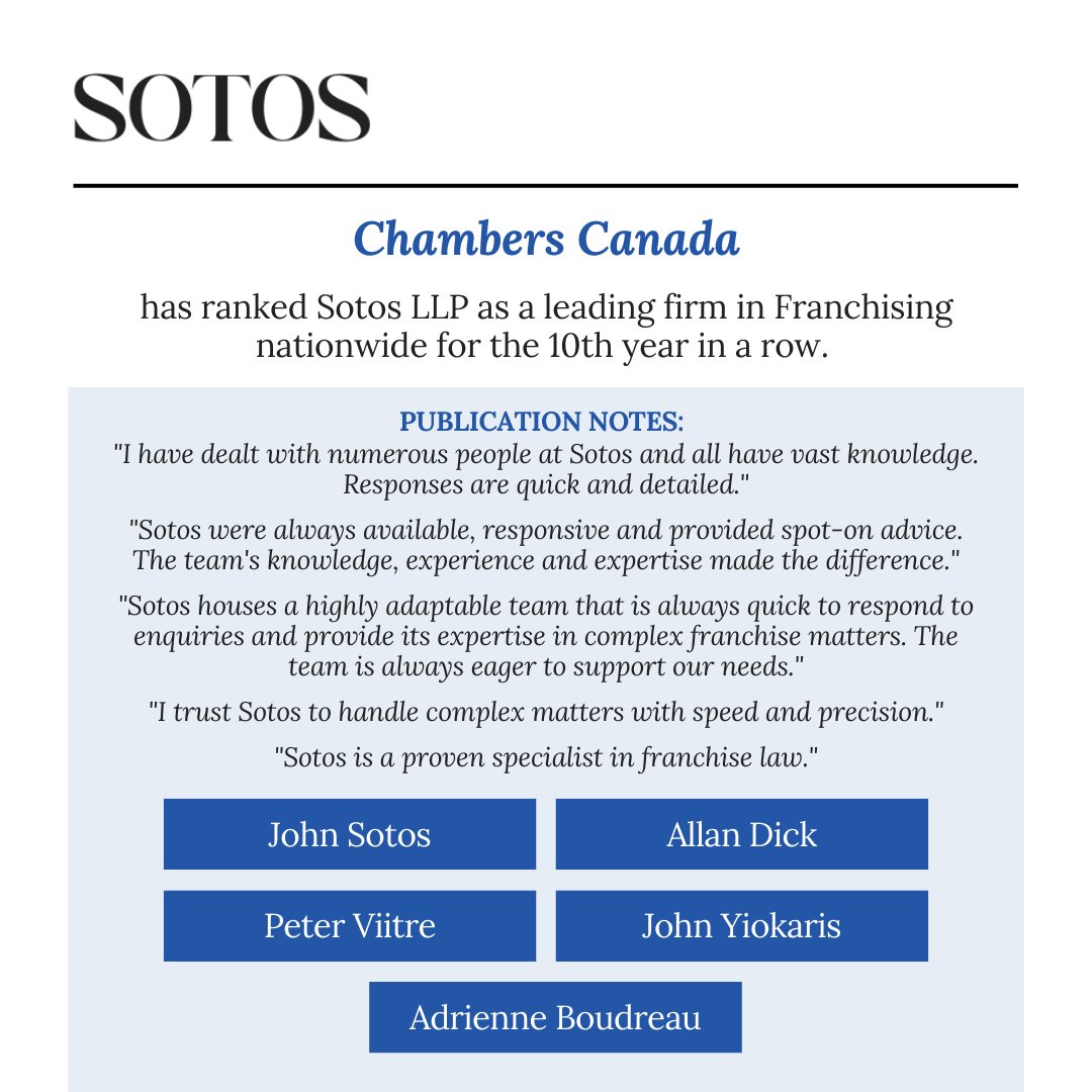 We are proud to announce that Sotos LLP has been ranked in Band 1 for Franchising by Chambers Canada for the 10th year in a row. Read more here: sotosllp.com/chambers-canad….
 
#ChambersCanada #FranchiseLaw #FranchiseLawyers #Franchising #LegalExcellence #Band1