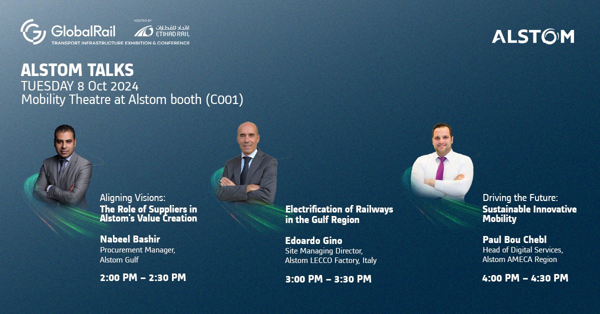Get ready for a full day of expert insights at the Alstom booth (C001) tomorrow at #GlobalRail! 

Join us in the Mobility Theatre as we discuss supplier collaboration in value creation, the electrification of Gulf railways, and driving the future of sustainable mobility.