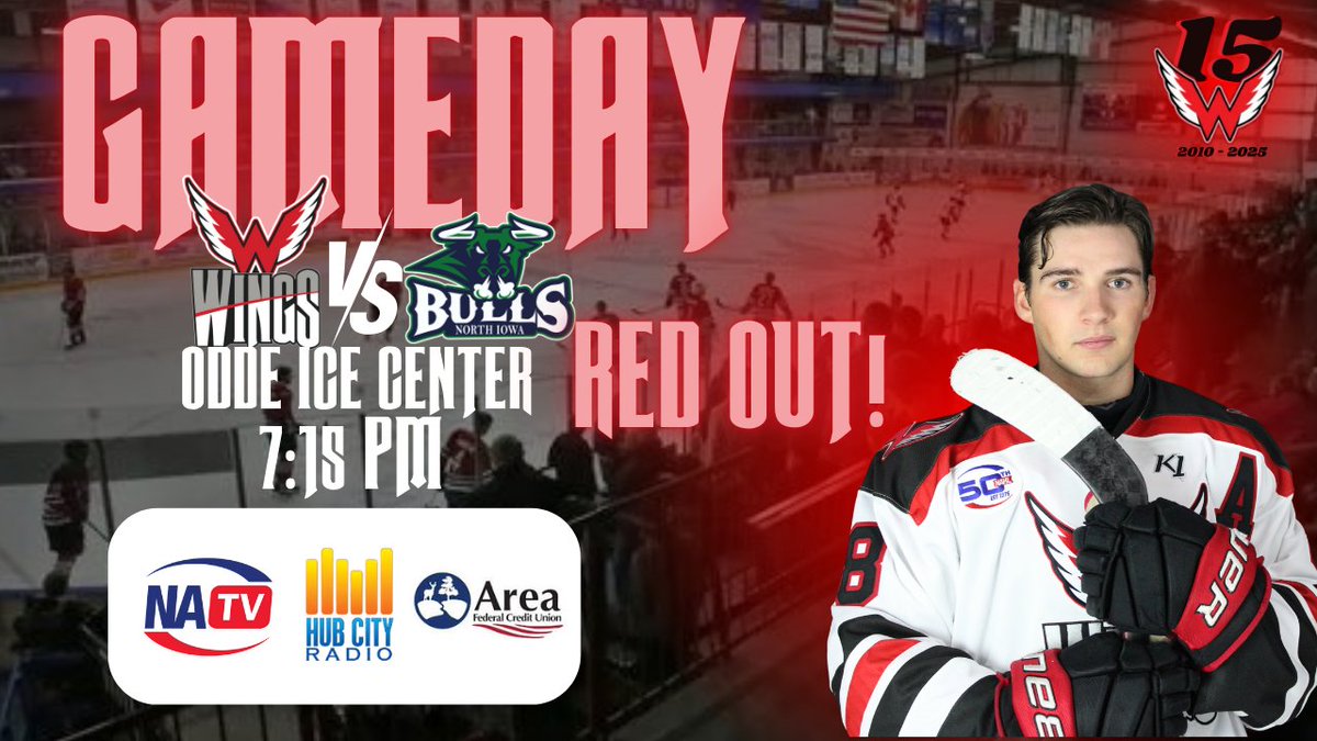 AberdeenWings's tweet photo. Time to come back to the Odde Ice Center courtesy of Area Federal Credit Union!
🏒Aberdeen Wings VS North Iowa Bulls🏒
🕗Puck drops at 7:15
📍Odde Ice Center
🚨RED OUT!
📺NAHLTV
📻Hub City Radio: 94.1, The Rock
🔗🎟️https://t.co/sfmXqZEv4O
#WingsWay #LETSGOWINGS #NAHL https://t.co/MBZmxvdcNv