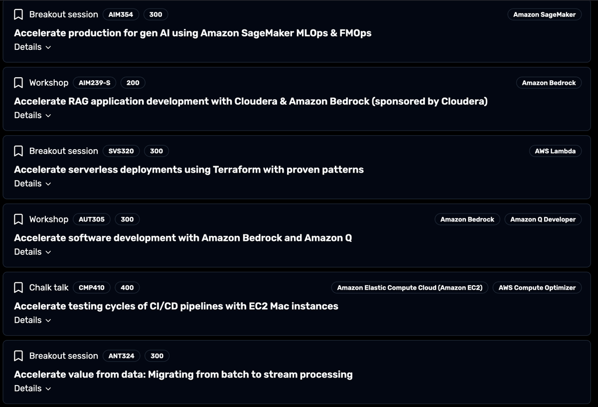rooToTheZ's tweet image. If you like acceleration, re:invent has 90 session titles that start with accelerate this year.