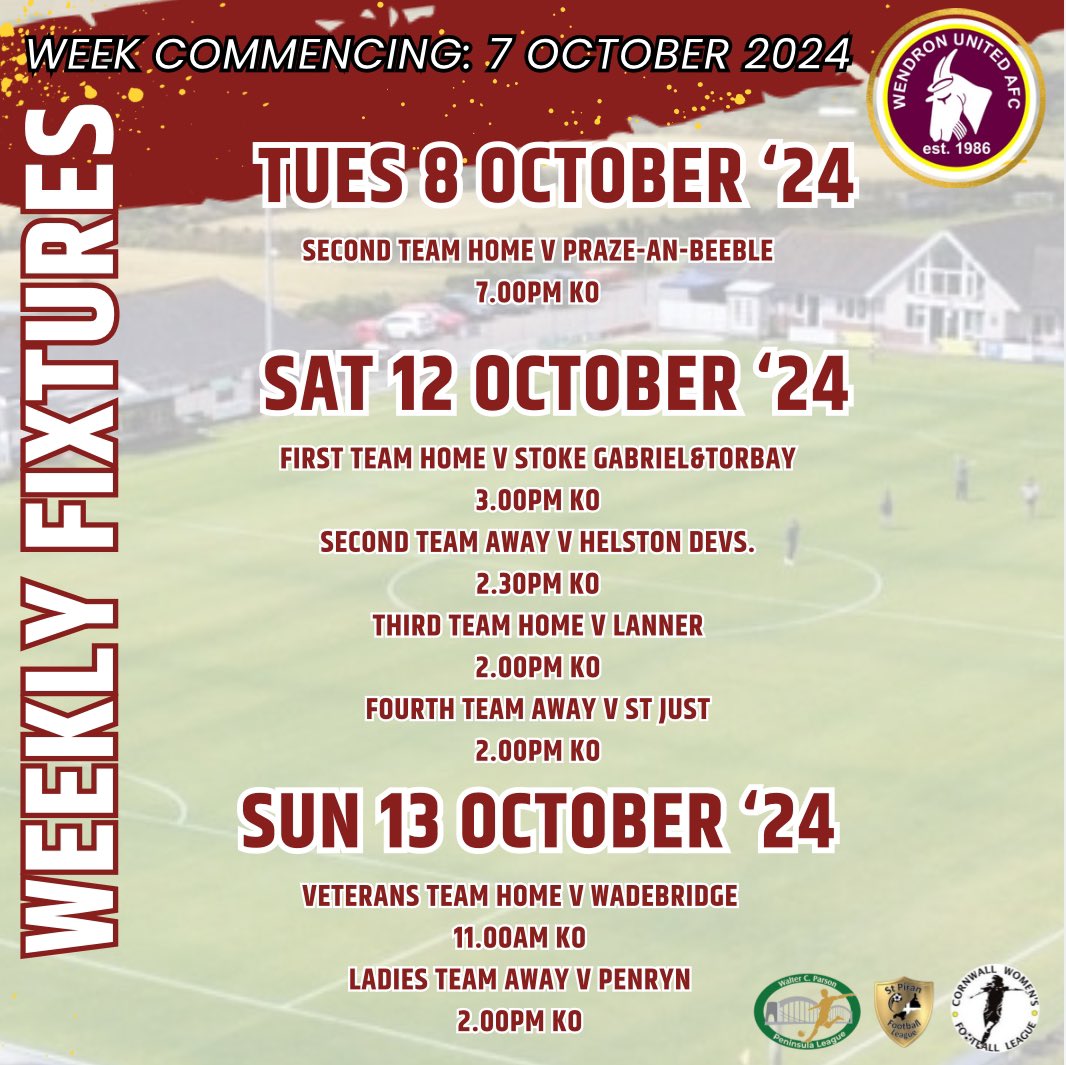 Wendron United AFC (@wendronutdafc) on Twitter photo 𝗧𝗵𝗶𝘀 𝘄𝗲𝗲𝗸’𝘀 𝗮𝗰𝘁𝗶𝗼𝗻
Another busy week in store as our seconds host <a href="/prazefc/">Praze FC 🔰</a> on Tuesday night.
It’s cup action galore on the weekend as our firsts, thirds and fourths all play in cup fixtures versus @SGTPoliceFC , Lanner FC and <a href="/stjustafc/">St Just AFC</a> respectively. Our seconds 𝗧𝗵𝗶𝘀 𝘄𝗲𝗲𝗸’𝘀 𝗮𝗰𝘁𝗶𝗼𝗻
Another busy week in store as our seconds host <a href="/prazefc/">Praze FC 🔰</a> on Tuesday night.
It’s cup action galore on the weekend as our firsts, thirds and fourths all play in cup fixtures versus @SGTPoliceFC , Lanner FC and <a href="/stjustafc/">St Just AFC</a> respectively. Our seconds