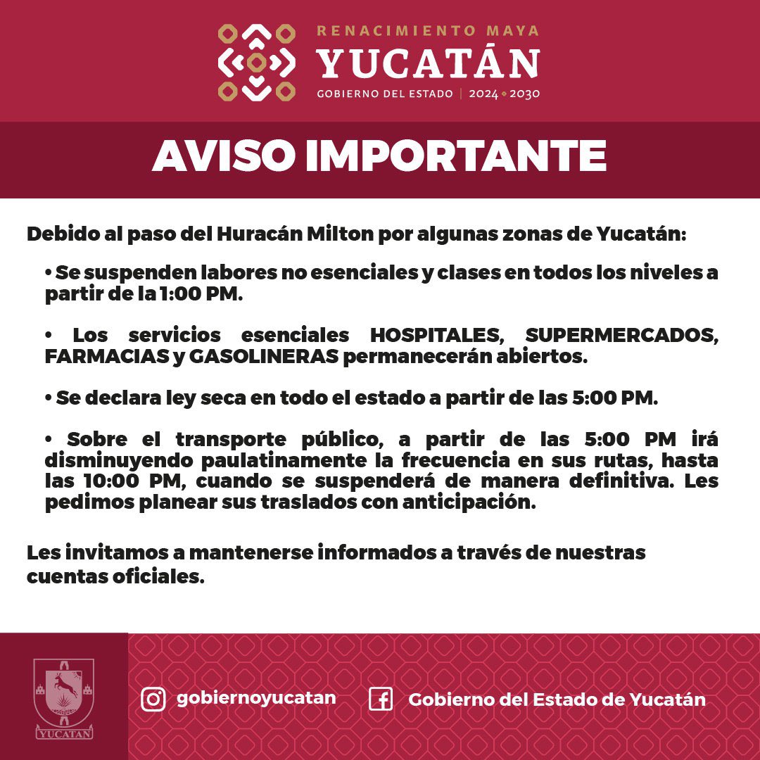 ¡Alerta naranja! 🌀 
 
Ante la cercanía del huracán de categoría 5 “#Milton”, el Gobierno de Yucatán activó la alerta naranja para los municipios del centro, norte, noreste, noroeste y oeste del Estado.