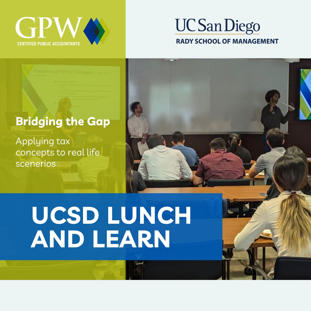 GPW_CPAS's tweet image. GPW had a great time presenting a Lunch &amp;amp; Learn at UCSD, exploring how to apply tax concepts to real-life scenarios! Attendees gained practical tips for navigating tax strategies and financial planning. Thanks to everyone who joined!

#GPW #Accounting #CPA #radyschool #ucsandiego