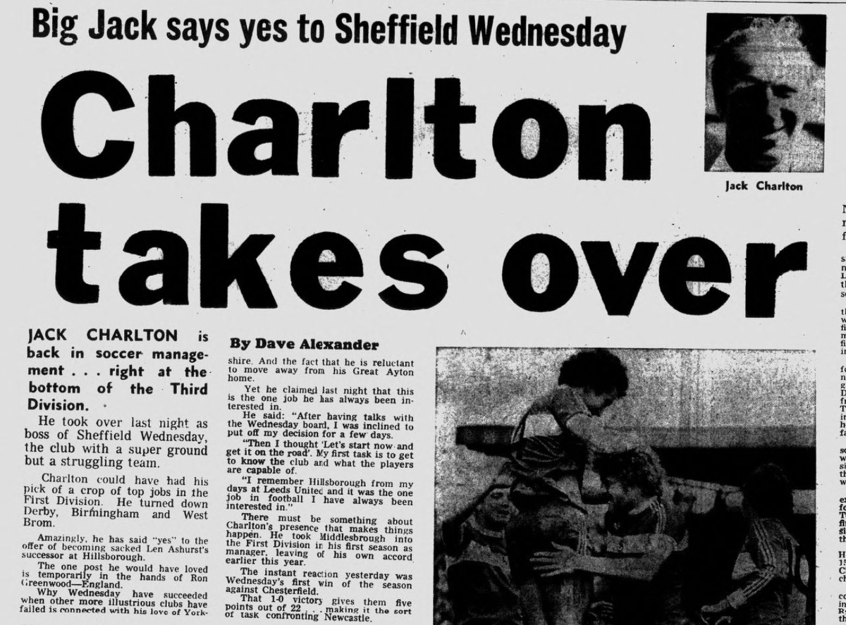 Dunsbyowl's tweet photo. #onthisday 47 years ago - 8th Oct 1977, what a momentous day & as important Wednesday goals go , the one scored by Tynan must be right up there. Big Jack watches #SWFC, bottom of the 3rd , beat Chesterfield 1-0 and becomes manager of the Wednesday club of Sheffield #RIPBigJack https://t.co/n4DBFJfLDA