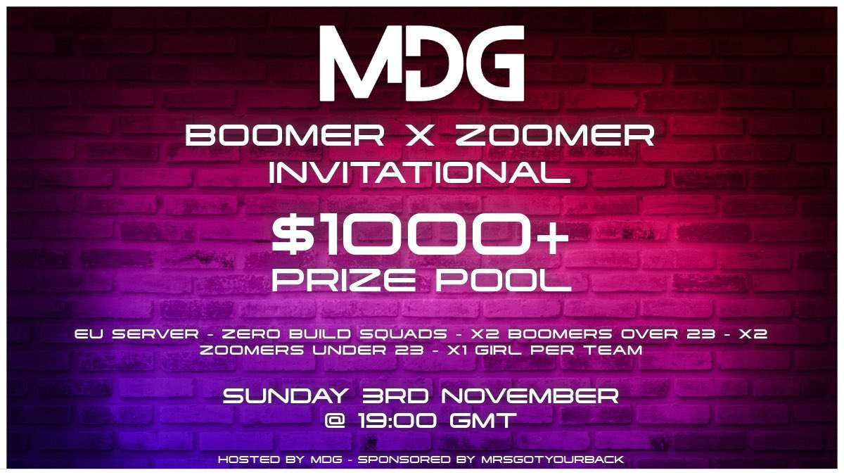 mrdeangenie's tweet photo. Announcing the biggest MDG Event of the year…

$1000+ BOOMER X ZOOMER INVITATIONAL 🏆

➡️ Zero Build Squads
➡️ x2 Boomers 23+
➡️ x2 Zoomers
➡️ 1 Girl Each Squad

Hosted by @mrdeangenie - Sponsored by @mrsgotyourback 

Invites being rolled out soon 📩 - Reply below with your Squad ⬇️