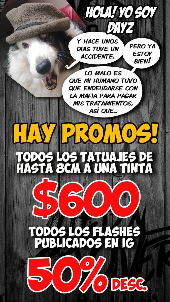 Estoy abriendo promociones en tatuajes pequeños y flashes de mi catálogo, para pagar las medicinas y tratamiento de DayZ, cualquier duda mandenme mensajito! :D :D :D

Y si lo comparten se los agradecería mucho!!