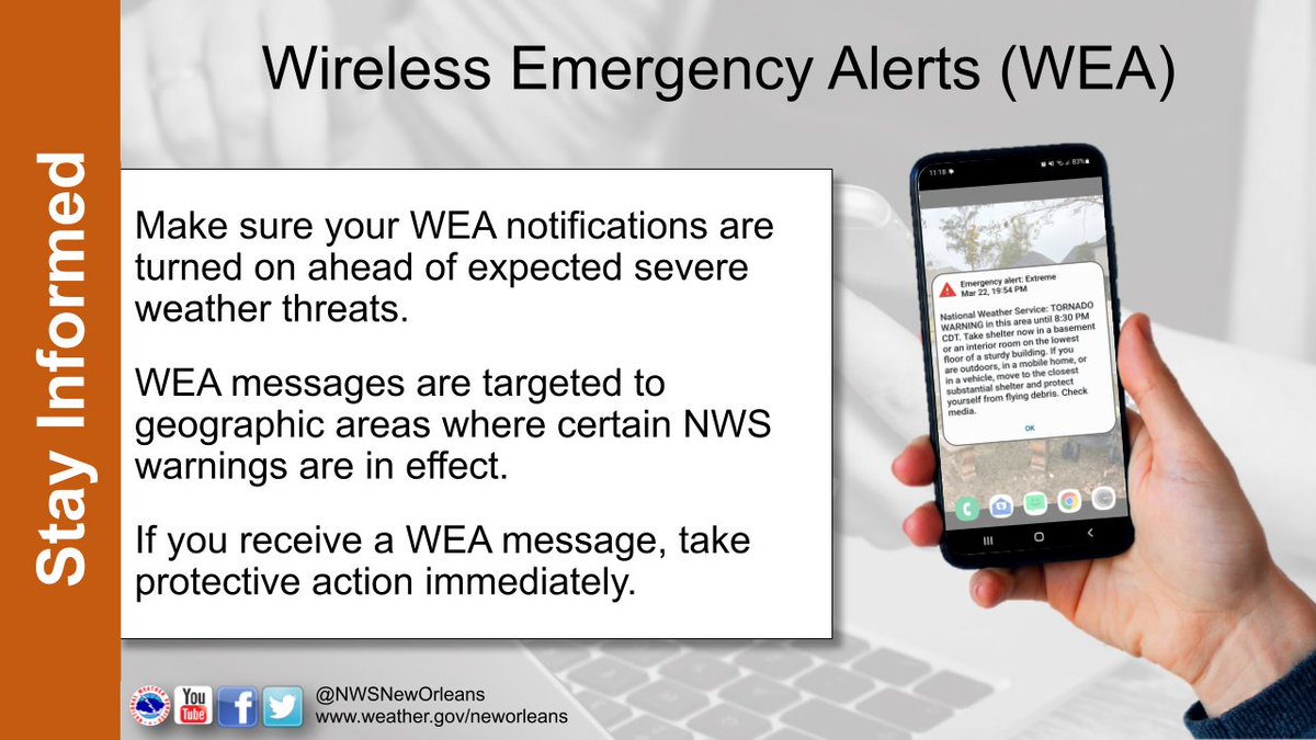 NWS New Orleans (@nwsneworleans) on Twitter photo A huge part of #SeverePrep is Staying Informed!  You should always have more than one way to receive warnings.  
One great way is the Wireless Emergency Alert System on your cell phone. If you receive a WEA message, take protective action immediately! A huge part of #SeverePrep is Staying Informed!  You should always have more than one way to receive warnings.  
One great way is the Wireless Emergency Alert System on your cell phone. If you receive a WEA message, take protective action immediately!