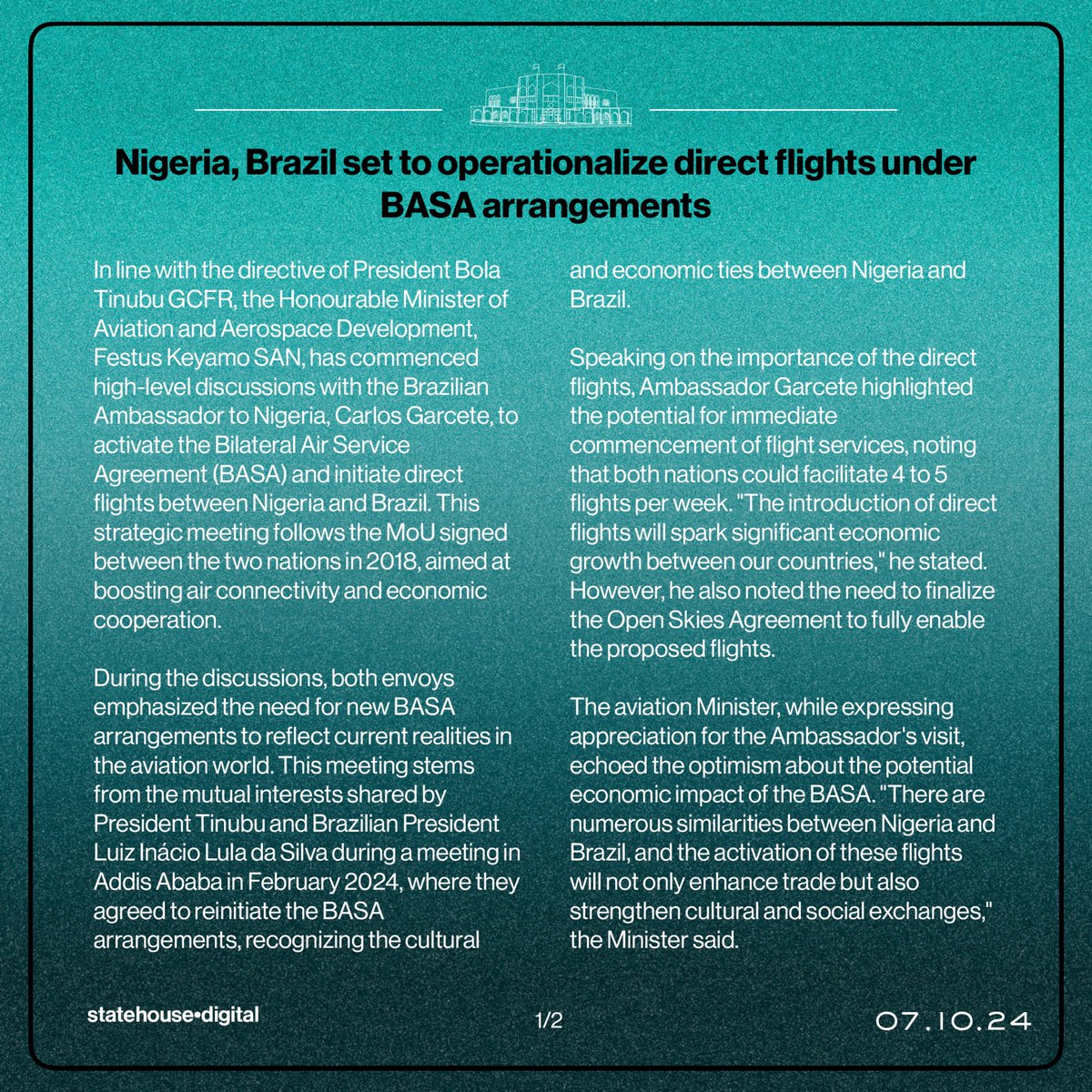 NigeriaGov's tweet photo. Nigeria, Brazil set to operationalize direct flights under BASA arrangements

@fmaviationng @fkeyamo https://t.co/1wKuvsxMAm