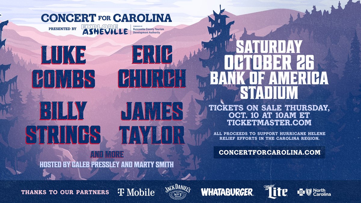 Just announced: #ConcertForCarolina <a href="/LukeCombs/">Luke Combs 🎤</a> <a href="/EricChurch/">Eric Church</a> <a href="/BillyStrings/">Billy Strings</a> <a href="/JamesTaylor_com/">James Taylor</a> + more Sat 10/26 at <a href="/BofAStadium/">Bank of America Stadium</a> #Charlotte. Proceeds to support Hurricane Helene relief efforts in the Carolina Region. Get tickets Thur 10/10 10a. Info: ConcertForCarolina.com