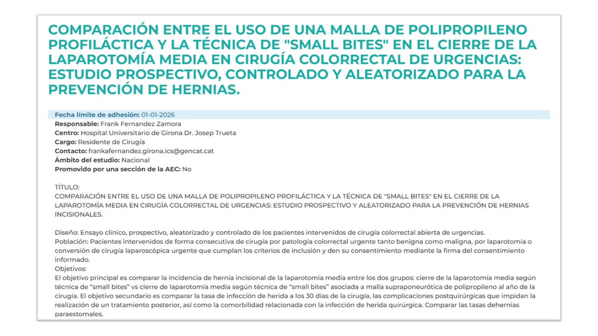 ¿Eres cirujan@ y te interesa mejorar el cierre de la pared abdominal en cirugía colorectal de urgencias? Únete al estudio del Dr. Frank Fernández sobre malla profiláctica vs. técnica de small bites. Más info aquí: extranet.aecirujanos.es/COMPARACION-EN… #cirugía