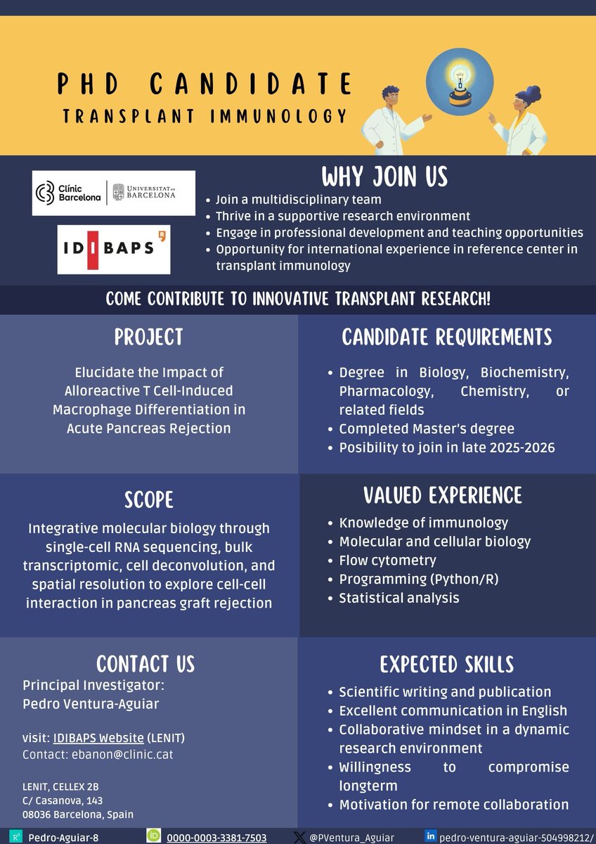 We are looking for a #PhDcandidate to present to current and future national and international calls for PhD opportunities. 

Project scope: Pancreas transplant immunology

Project focus
--&gt; Molecular Biology
--&gt; Spatial cell-cell communication