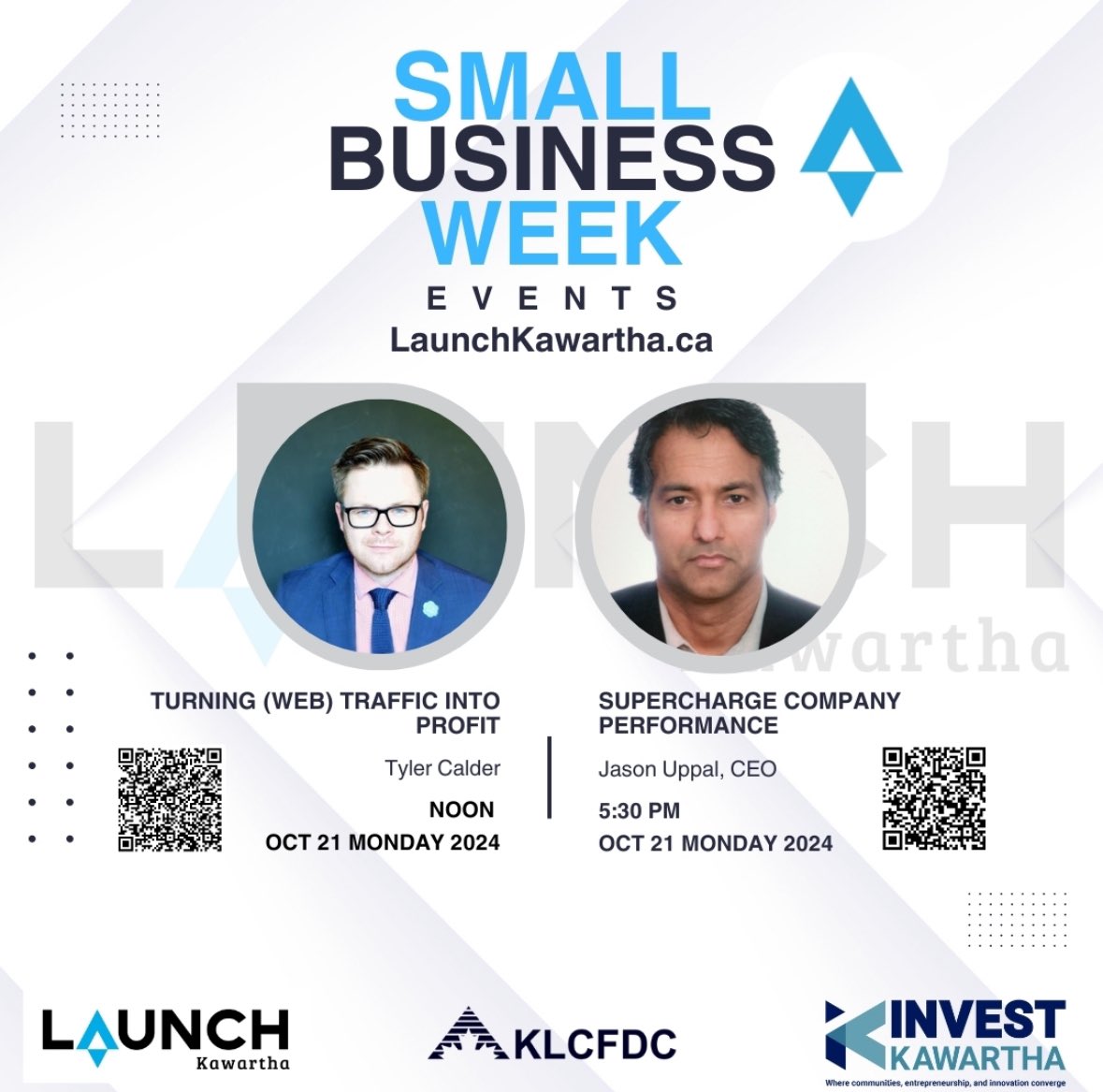 Join us on Monday October 21st for the first two of multiple workshops taking place throughout Small Business Week 2024 at Launch Kawartha!

Scan the QR codes to register or to learn more!. Don't miss out on these valuable workshops! 

#SmallBusinessWeek #Entrepreneurship