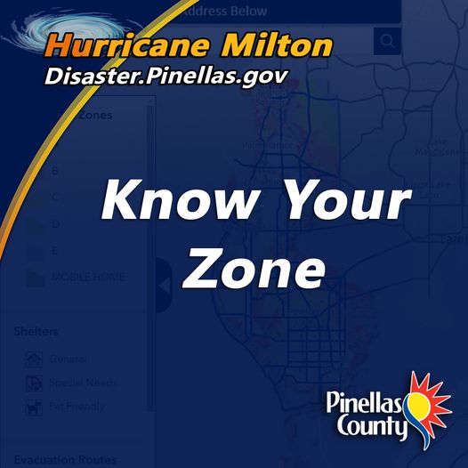 Pinellas County Government has issued a MANDATORY EVACUATION ORDER effective IMMEDIATELY for all mobile homes &amp; properties in Evacuation Zones A, B &amp; C, which is ALL of Oldsmar. Assistance, call 727-464-4333.  
Disaster.Pinellas.gov to find Evac Routes, Shelters, resources.