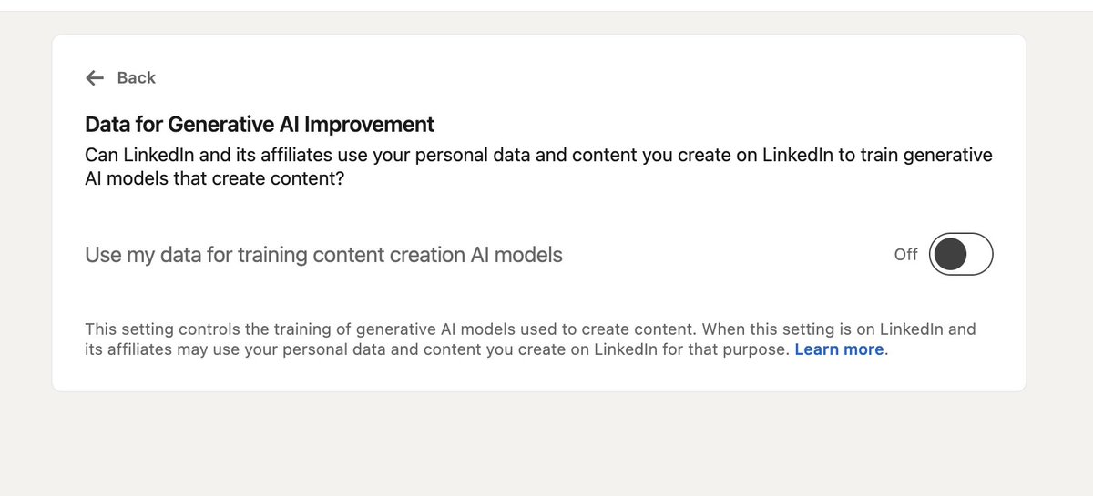 Methinks people need to jump on to 
<a href="/LinkedIn/">LinkedIn</a>  to avoid their content being used for AI training at least/until there's some more clarity around right to be forgotten etc. 

linkedin.com/mypreferences/…