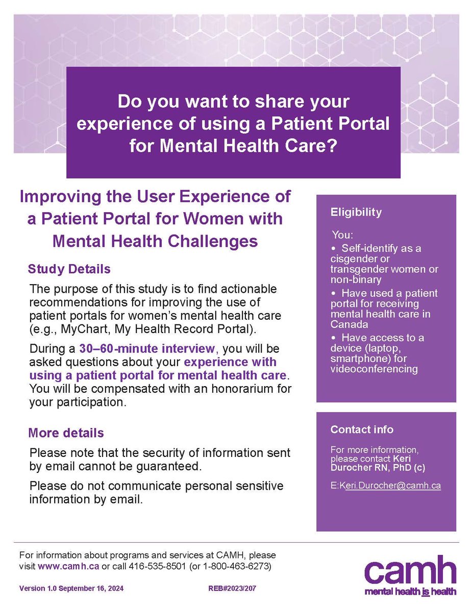 Keri Durocher RN, PhD (@kdurocherrn) on Twitter photo Do you want to share your experience of using a Patient Portal for Mental Health Care? Please see our recruitment poster: #CAMH #Mentalhealth #Womenshealth <a href="/GStrudRN/">Gillian Strudwick</a> Do you want to share your experience of using a Patient Portal for Mental Health Care? Please see our recruitment poster: #CAMH #Mentalhealth #Womenshealth <a href="/GStrudRN/">Gillian Strudwick</a>