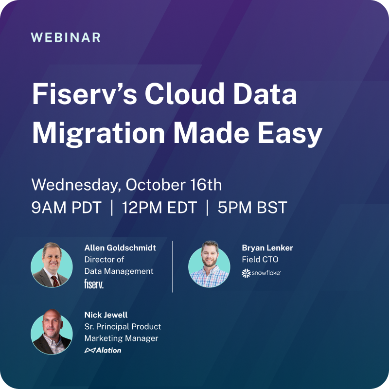 Alation's tweet image. Join us Oct 16 to see how Alation accelerates #clouddatamigration programs and improves data-driven decisions.

Learn about:

⚡ Accelerating #cloudmigration
💯 Enhancing data visibility
🔓 Unlocking post-migration innovation with #ai alation.com/resource-cente… @SnowflakeDB @Fiserv