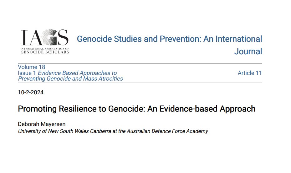 Kristina__Hook's tweet image. 10. @DebMayersen highlights the important role of factors promoting #resilience in #genocide prevention. Through comparative case study analysis, she presents three key factors that can help promote resilience to genocide in at-risk countries today.
digitalcommons.usf.edu/gsp/vol18/iss1…