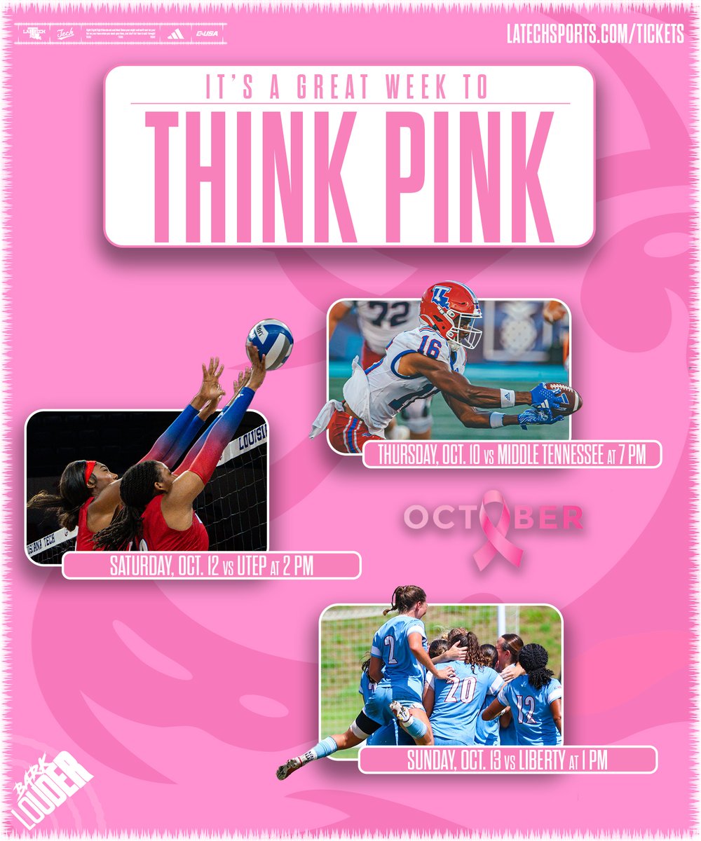 LA Tech Sports (@latechsports) on Twitter photo It's THINK PINK Week for the Dogs.
Three chances to honor and recognize those fighting the fight against breast cancer this week.
Support the Cause. Support the Dogs. #BarkLouder It's THINK PINK Week for the Dogs.
Three chances to honor and recognize those fighting the fight against breast cancer this week.
Support the Cause. Support the Dogs. #BarkLouder