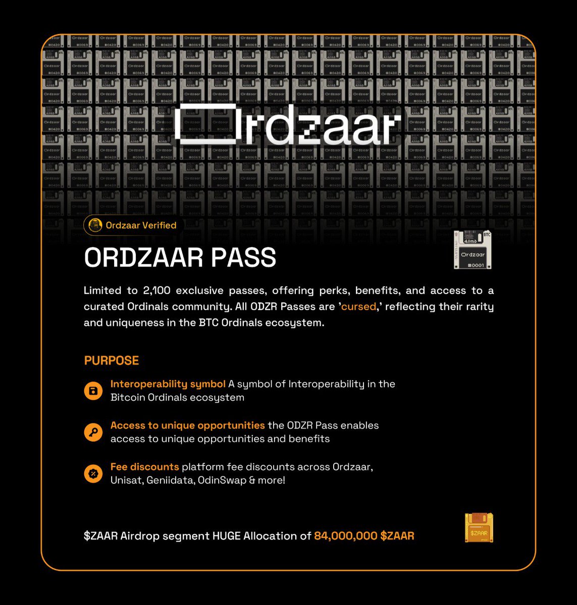 🔥 We’re excited to announce a HUGE $ZAAR Airdrop allocation exclusively for all Ordzaar Pass holders! 

💾 84,000,000 $ZAAR will be distributed equally across all 2,100 Ordzaar Passes!

📢 Important:
DELIST YOUR PASSES! A stealth snapshot is happening soon! Don't miss out on