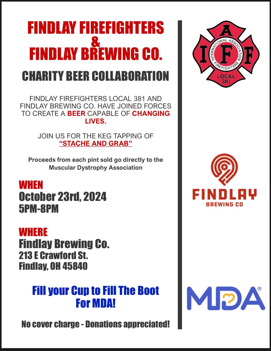Come and join Findlay Firefighters Local 381 and Muscular Dystrophy Association on October 23rd, 2024 at Findlay Brewing Co. for their Charity Beer Collaboration.