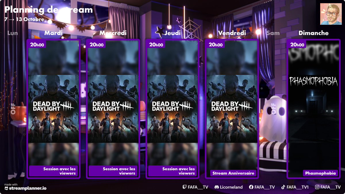 ⚠️Planning de la semaine du 7 au 13 Octobre⚠️

A demain ici ➡️

💜 twitch.tv/fafa___tv 💜

#planning #deadbydaylight #dbd #killer #survivantmain #twitch #twitchfr #twitchtv #ttv #streamer #twitchaffiliate #frenchstreamer #fafa___tv #partiesaveclesspectateurs #Halloween