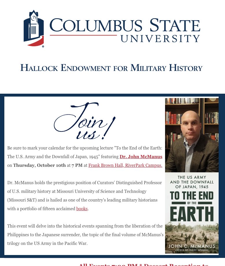 David Kieran (@davidkieran2) on Twitter photo <a href="/ColumbusState/">Columbus State University</a> & @CSUHistoryGP are very excited to welcome <a href="/JohnCMcManus3/">John C. McManus</a> this week to talk about the final book in his trilogy on the US Army in the Pacific! <a href="/ColumbusState/">Columbus State University</a> & @CSUHistoryGP are very excited to welcome <a href="/JohnCMcManus3/">John C. McManus</a> this week to talk about the final book in his trilogy on the US Army in the Pacific!