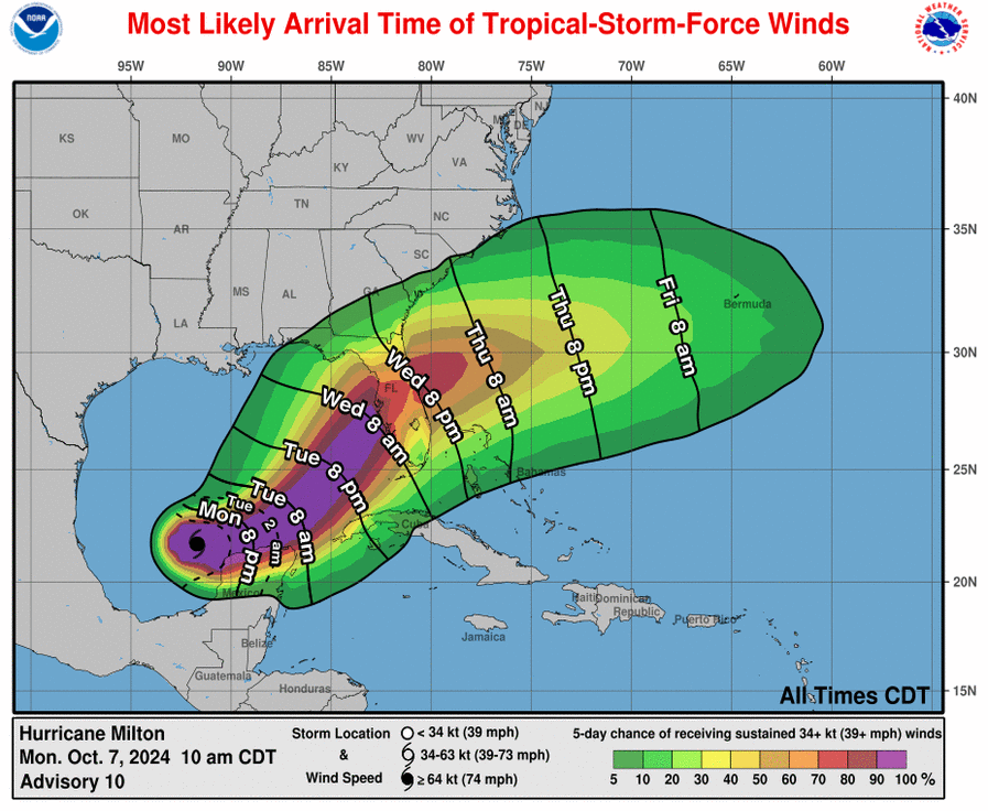 NWS's tweet image. 11am EDT #Milton update: There is an increasing risk of life-threatening storm surge and damaging winds for portions of the west coast of the Florida Peninsula beginning Tuesday night or early Wednesday.  Storm Surge and Hurricane Watches are now in effect for portions of the…