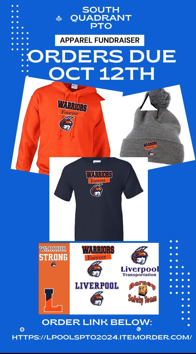 *South Quadrant PTO Apparel Sale*
 
Please see the link below to our South Quadrant PTO Apparel sale.

 The sale ends Saturday, October 12th.

Portion of all sales goes to supporting opportunities for our students throughout the school year!

 lpoolspto2024.itemorder.com/shop/home/