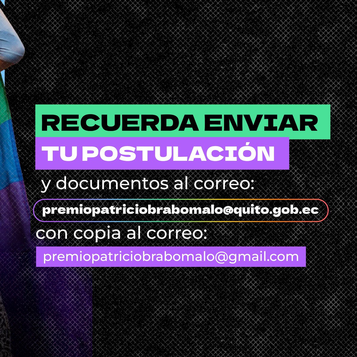 InclusionQuito's tweet photo. #QuitoReconoce | Último día para postularte al Premio Patricio Brabomalo
No pierdas la oportunidad de ser reconocido por tu trayectoria a favor de los derechos de la población Sexo-Genérica.
Con inclusión #QuitoRenace https://t.co/rhNUha0TKX
