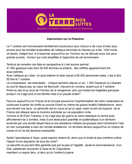 ✊🌍 Communiqué du collectif Ecologiste La Terre Nos Luttes à l'occasion des commémorations du #7Octobre2024
