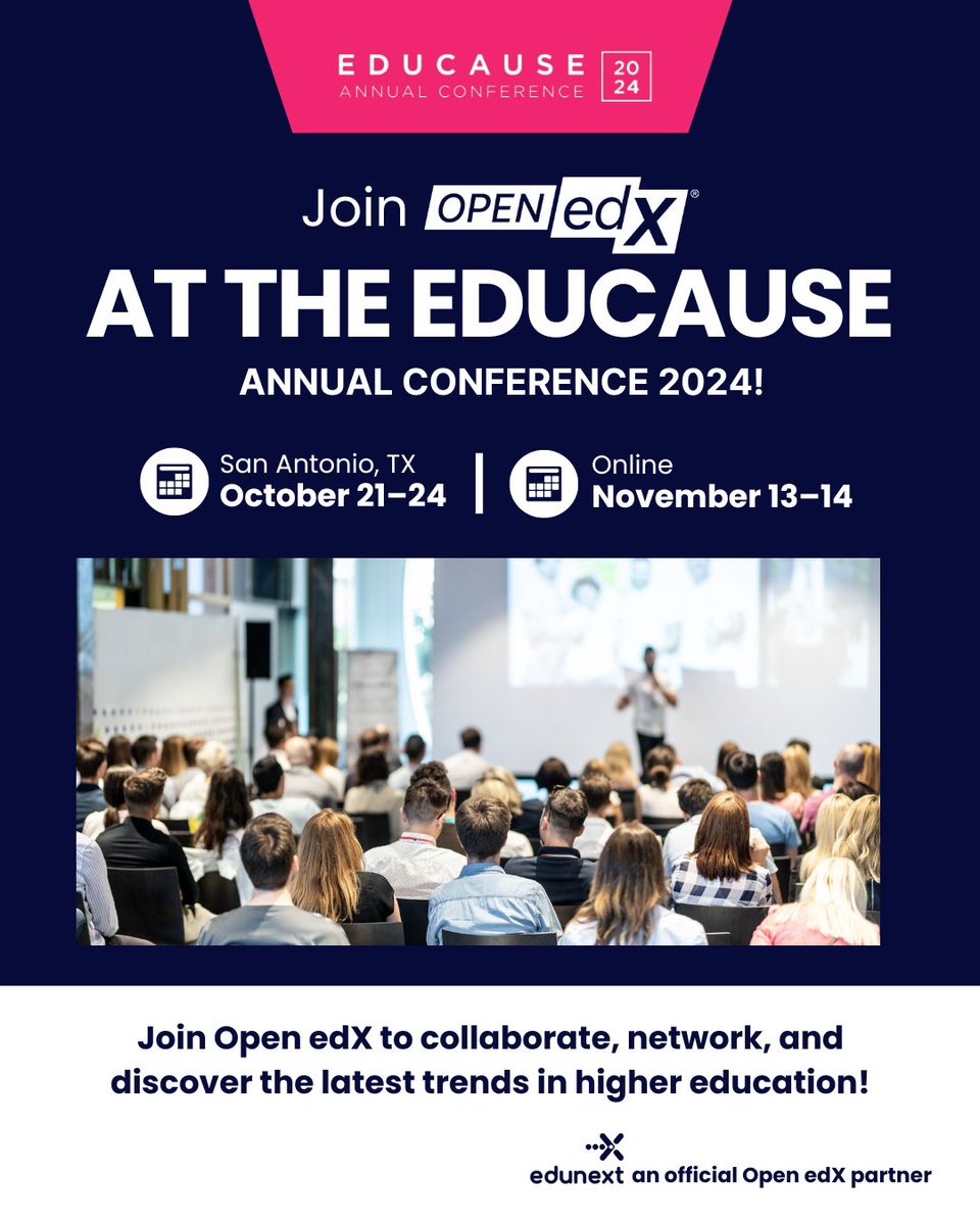Join <a href="/OpenEdX/">Open edX</a> at the EDUCAUSE Annual Conference from October 21–24 in San Antonio and online from November 13–14! 🌍✨

Save the date and check out the event details here: events.educause.edu/annual-confere…
#EDUCAUSE #OpenedX #HigherEd #EdTech #Networking #Event #Conference