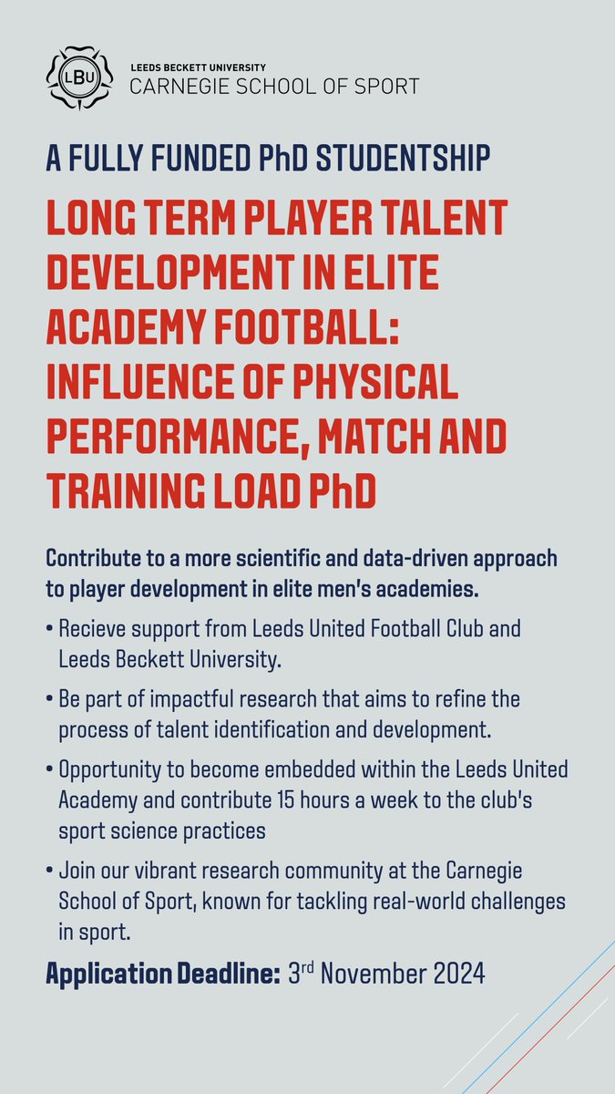 Carnegie School of Sport (@carnegie_sport) on Twitter photo Passionate about #football & #research? Join our vibrant #research community through a fully-funded #PhDStudentship in collaboration with <a href="/LUFC/">Leeds United (C)</a> & <a href="/Carnegie_Sport/">Carnegie School of Sport</a>
Deadline: 3 Nov 2024
Director of Studies: Dr. <a href="/S_Emmonds/">Stacey Emmonds PhD</a>
Find out more👉bit.ly/3ZXAOzE Passionate about #football & #research? Join our vibrant #research community through a fully-funded #PhDStudentship in collaboration with <a href="/LUFC/">Leeds United (C)</a> & <a href="/Carnegie_Sport/">Carnegie School of Sport</a>
Deadline: 3 Nov 2024
Director of Studies: Dr. <a href="/S_Emmonds/">Stacey Emmonds PhD</a>
Find out more👉bit.ly/3ZXAOzE
