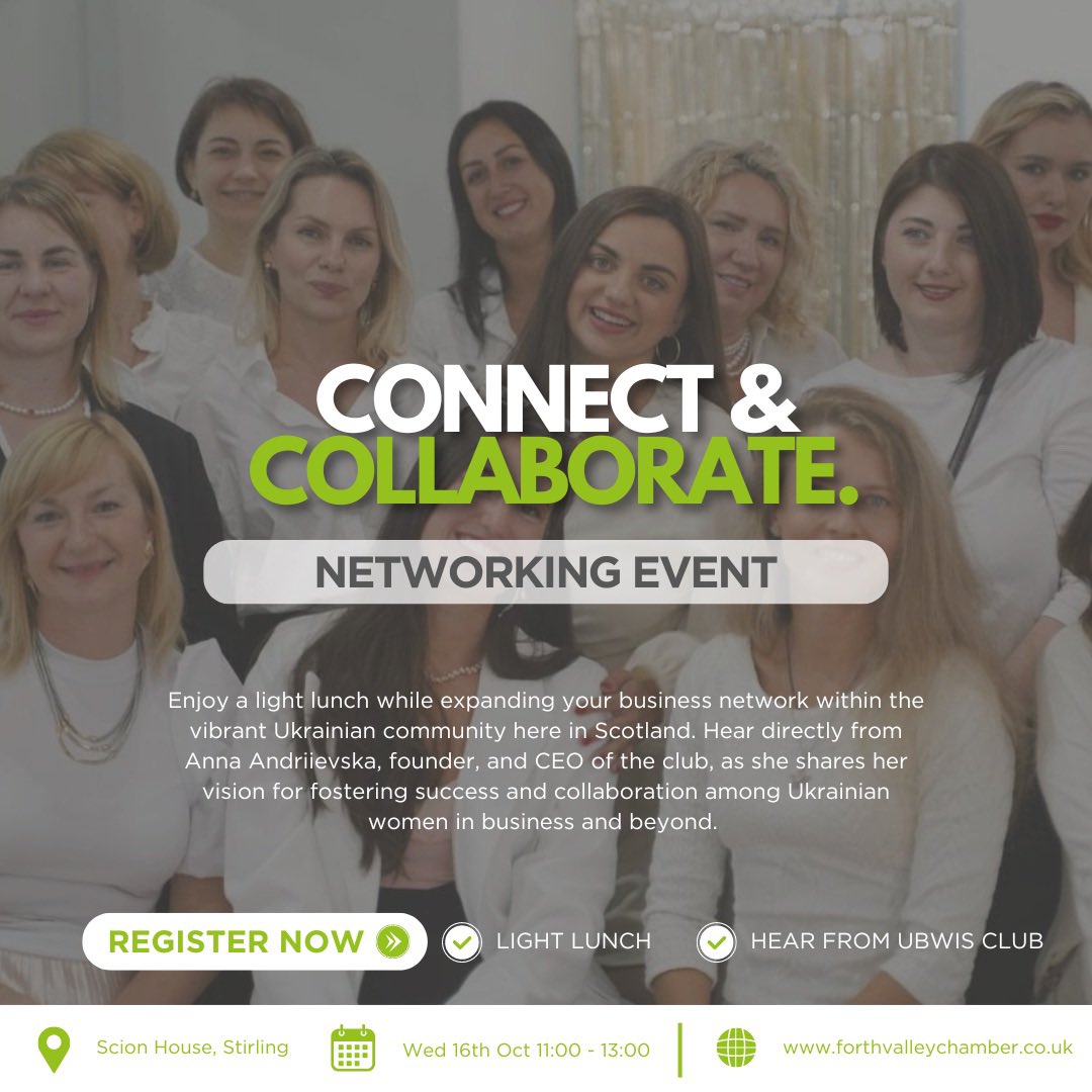 ⭐️Join us on the 16th of October alongside Anna Andriievska of Ukrainian Business Women in Scotland Club, for a chance to connect and collaborate⭐️

Enjoy a light lunch while expanding your business network within the vibrant Ukrainian Community here in Scotland. 

Sign up online
