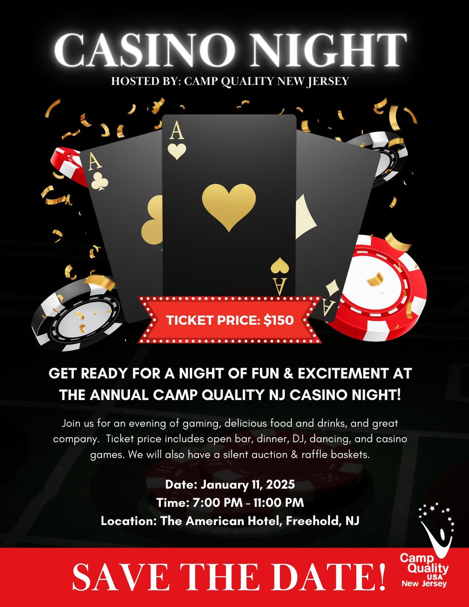 Save the date! We are betting on a night to remember! 🎲✨ 

Our highly anticipated Casino Night event will be on January 11, 2025! 

Link to buy tickets will be available by the end of the month and there will be early bird pricing, you don't want to miss it!