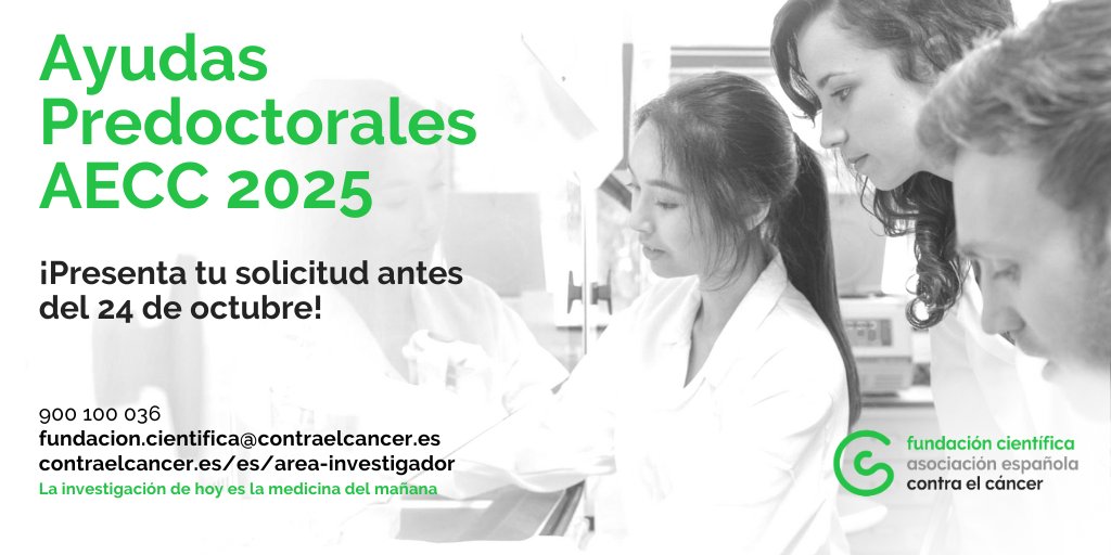 🎓 La Convocatoria Predoctoral AECC te apoya para formarte como investigador en cáncer, a través de la realización de una Tesis Doctoral en un centro con un grupo de investigación con trayectoria científica acreditada. 🌐 Disponible en 32 provincias. ⏰ Cerramos aplicaciones el