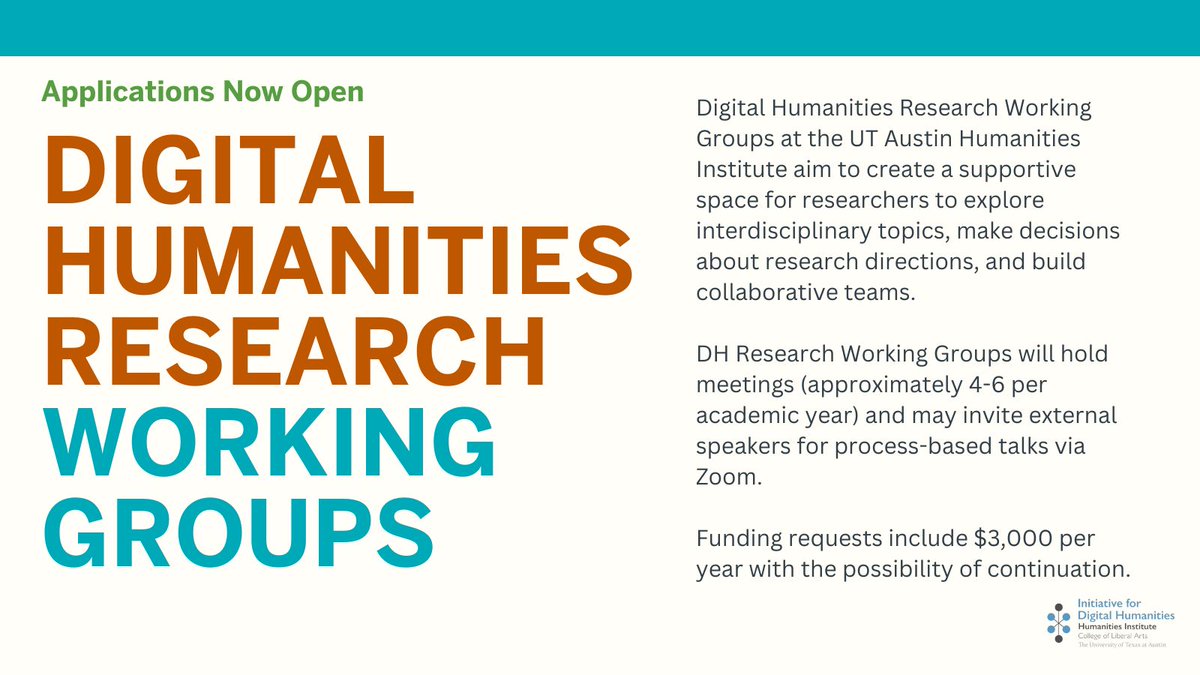 The 2024-25 Digital Humanities Research Working Groups application is open through October 9!

These groups provide a generative space for collaboration and research, including up to $3,000 of annual funding.

Apply:  bit.ly/4eyfqFQ
More details: bit.ly/481jCLJ