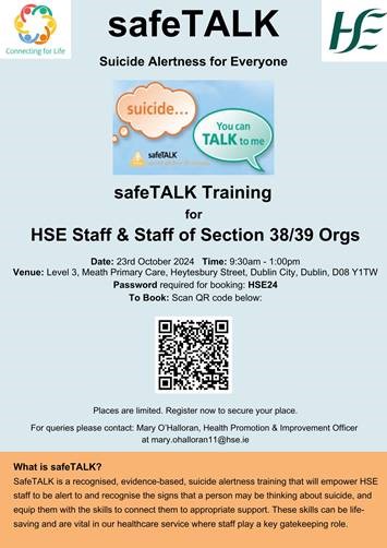 HSE Dublin and Midlands (@hsedubmidlands) on Twitter photo SafeTALK - Suicide Alertness for Everyone training available for HSE staff and staff of section 38 and 39 organisations. Learn how to recognise the signs that a person may need support.
Register now to secure your place: bit.ly/3zE90pB
Password: HSE24. <a href="/HsehealthW/">HSE Health & Wellbeing</a> SafeTALK - Suicide Alertness for Everyone training available for HSE staff and staff of section 38 and 39 organisations. Learn how to recognise the signs that a person may need support.
Register now to secure your place: bit.ly/3zE90pB
Password: HSE24. <a href="/HsehealthW/">HSE Health & Wellbeing</a>
