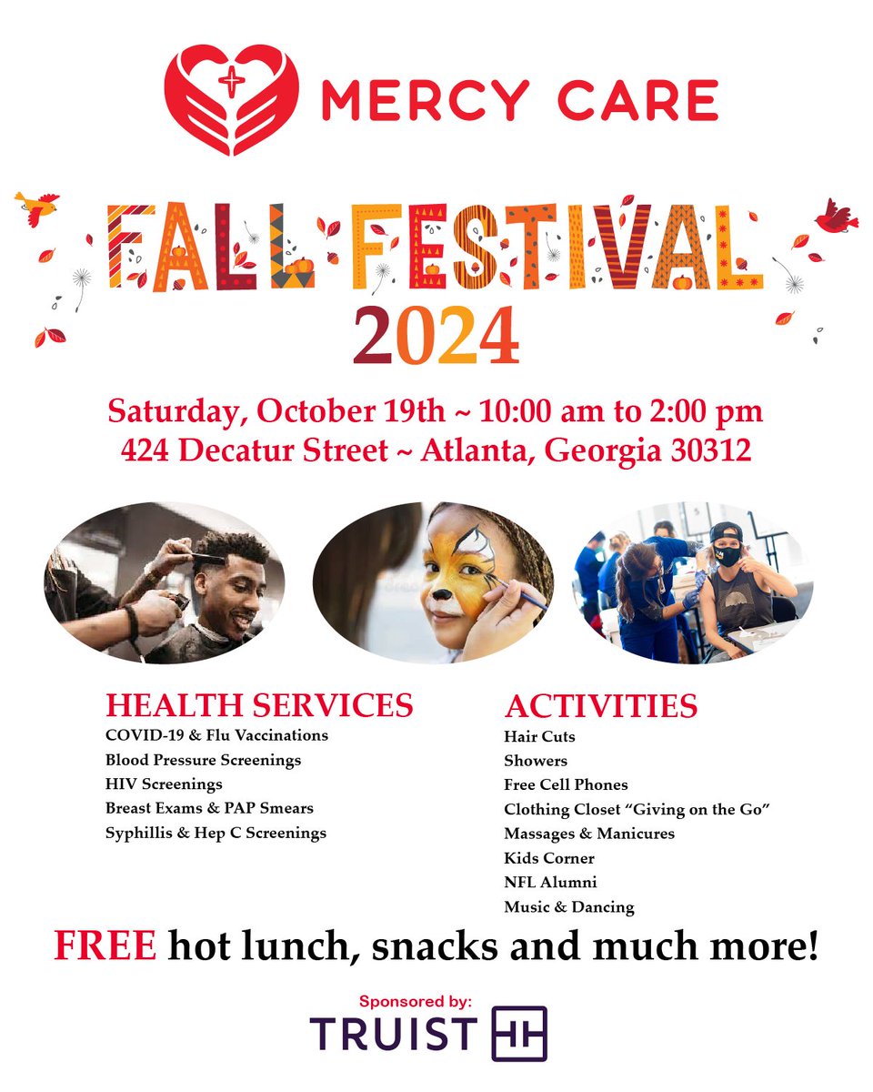 Join us for the Mercy Care Fall Festival 2024 on Saturday, October 19th, from 10 am to 2 pm at 424 Decatur Street!
Enjoy free health services, haircuts, kids' activities, and much more—bring your family and friends for a day of fun, food, and community support!