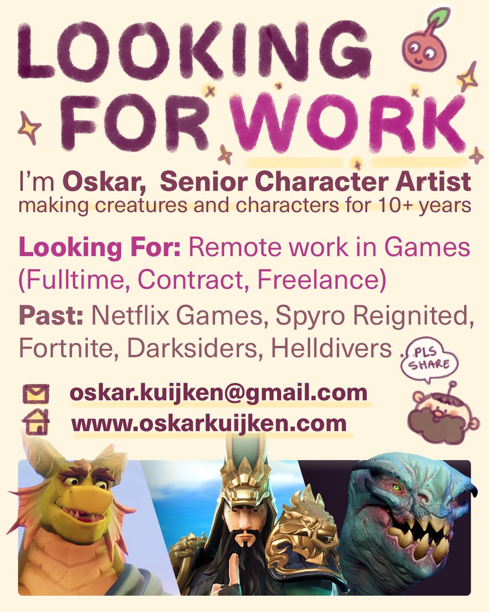 Hello everyone, I am looking for a new job as a character artist. If you know of a team that is looking for an experience 3D Artist, give me a poke! Big thank you and feel free to share! ✨