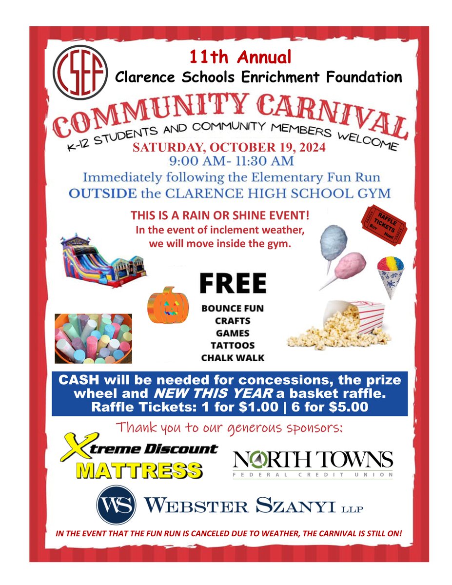 Clarence Central School District (@clarencecsd) on Twitter photo Are you ready for the Clarence Elementary Schools 2024 Fun Run and Wellness Walk and <a href="/ClarenceCSEF/">Clarence Schools Enrichment Foundation — CSEF Inc.</a> Carnival on Saturday, October 19 at <a href="/CHS_Devils/">CHS Red Devils</a>? Learn more and register at docs.google.com/forms/d/e/1FAI… #ClarenceProud <a href="/ClarCtrElem/">Clarence Center Elementary School</a> <a href="/HarrisHillES/">Harris Hill Elementary School Heroes</a> <a href="/goledgeview/">Ledgeview Elementary</a> <a href="/SheridanHillSh1/">SheridanHillSharks</a> Are you ready for the Clarence Elementary Schools 2024 Fun Run and Wellness Walk and <a href="/ClarenceCSEF/">Clarence Schools Enrichment Foundation — CSEF Inc.</a> Carnival on Saturday, October 19 at <a href="/CHS_Devils/">CHS Red Devils</a>? Learn more and register at docs.google.com/forms/d/e/1FAI… #ClarenceProud <a href="/ClarCtrElem/">Clarence Center Elementary School</a> <a href="/HarrisHillES/">Harris Hill Elementary School Heroes</a> <a href="/goledgeview/">Ledgeview Elementary</a> <a href="/SheridanHillSh1/">SheridanHillSharks</a>