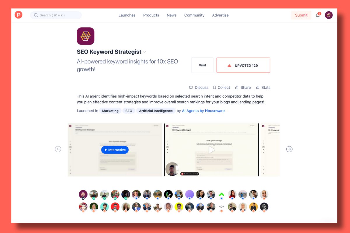 🏆 Houseware's SEO Keyword Strategist AI Agent hit Top 10 Product of the Day on <a href="/ProductHunt/">Product Hunt 😸</a>! 🙌🏻 

We’re at 100+ upvotes and counting! 

Give it a spin: agents.houseware.io/agents/seo-key…

#ProductHunt #AI #SEO #Product #MarTech