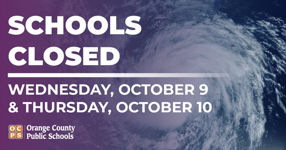 ocpsnews (@ocpsnews) on Twitter photo Hurricane Milton update: All after-school activities are canceled for Tuesday with the exception of after-school care. All schools & facilities will be closed Wednesday, Oct. 9 and Thursday, Oct. 10. School opening Friday will be determined based on the impact of the storm. Hurricane Milton update: All after-school activities are canceled for Tuesday with the exception of after-school care. All schools & facilities will be closed Wednesday, Oct. 9 and Thursday, Oct. 10. School opening Friday will be determined based on the impact of the storm.