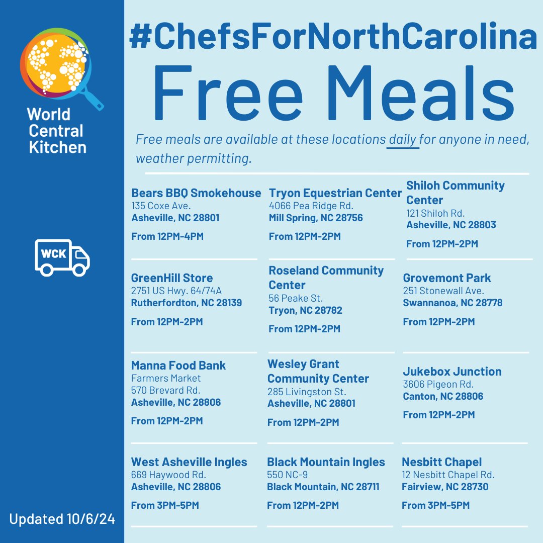 WCK will have free meals available daily at the following locations in North Carolina for community members impacted by Hurricane Helene. Please share with anyone in the area in need of support. #ChefsForNorthCarolina