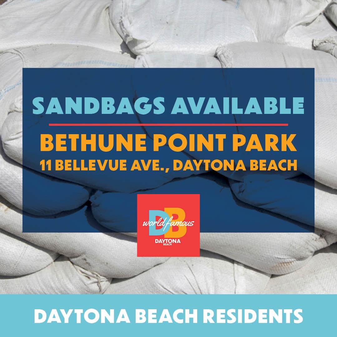 Reminder: This is happening today!

Free sandbags are available to Daytona Beach residents Monday, Oct. 7, from 9 a.m. to 3 p.m. at Bethune Point Park, 11 Bellevue Ave. in Daytona Beach. Please bring your own shovel to fill the bags. There is a 10-bag limit per vehicle. #DBPD
