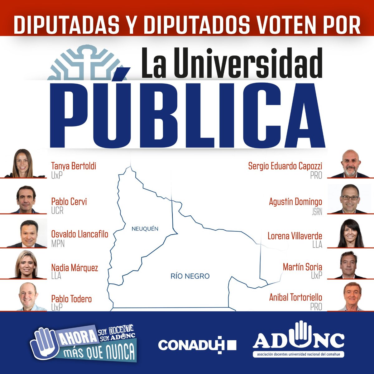 beter3's tweet photo. "Exigimos a Diputadxs de Neuquén y Río Negro que apoyen la Ley de Financiamiento Universitario. No sean cómplices del ajuste feroz al que nos somete el gobierno nacional".
Es el reclamo que hacemos desde nuestro gremio @Adunc_ de la #UNComa https://t.co/QXpfcLRFbv
