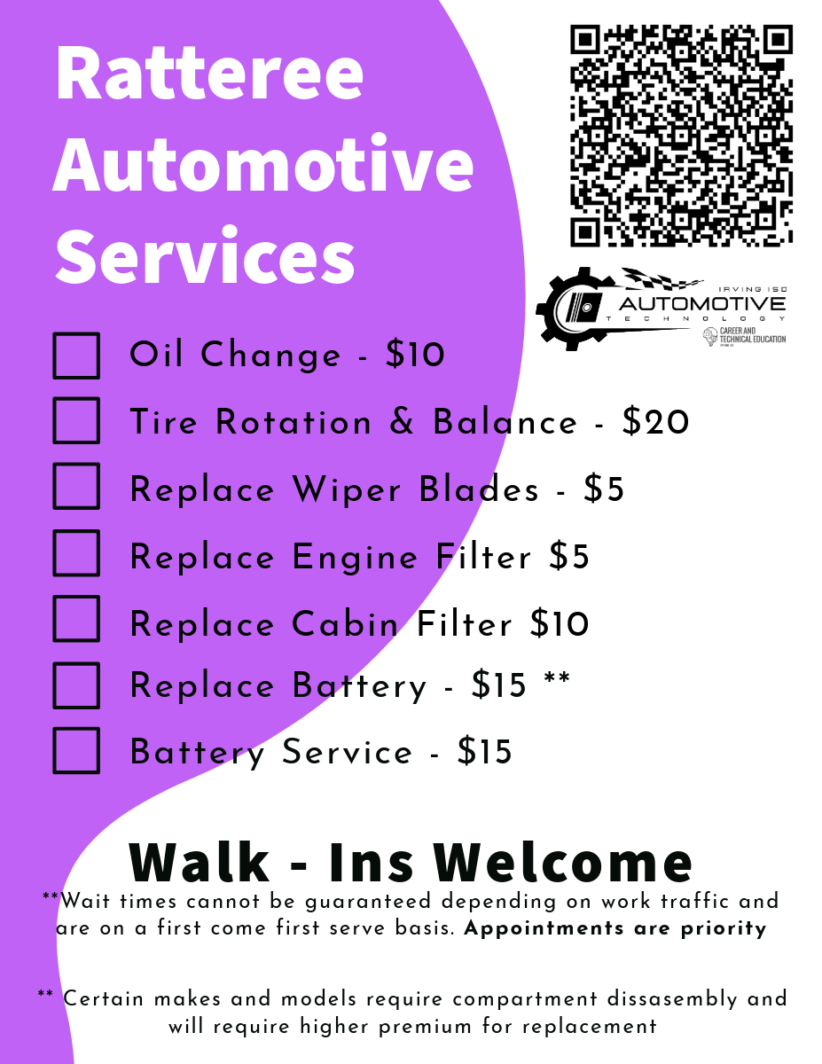 Attention all Irving ISD staff. Below is a QR code to book your appointment for the dates on the flyer. Walk Ins are welcome for Saturday Enterprise days listed below  (limited based on availability / priority on appointments). <a href="/iisdCTE/">Irving ISD CTE</a> <a href="/IrvingISD/">Irving ISD</a> #RattereeAutomotive